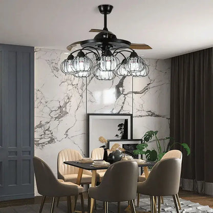 Industrial black crystal ceiling fan with black wrought iron frame, wooden blades, and five glass light fixtures by decorbites black crystal