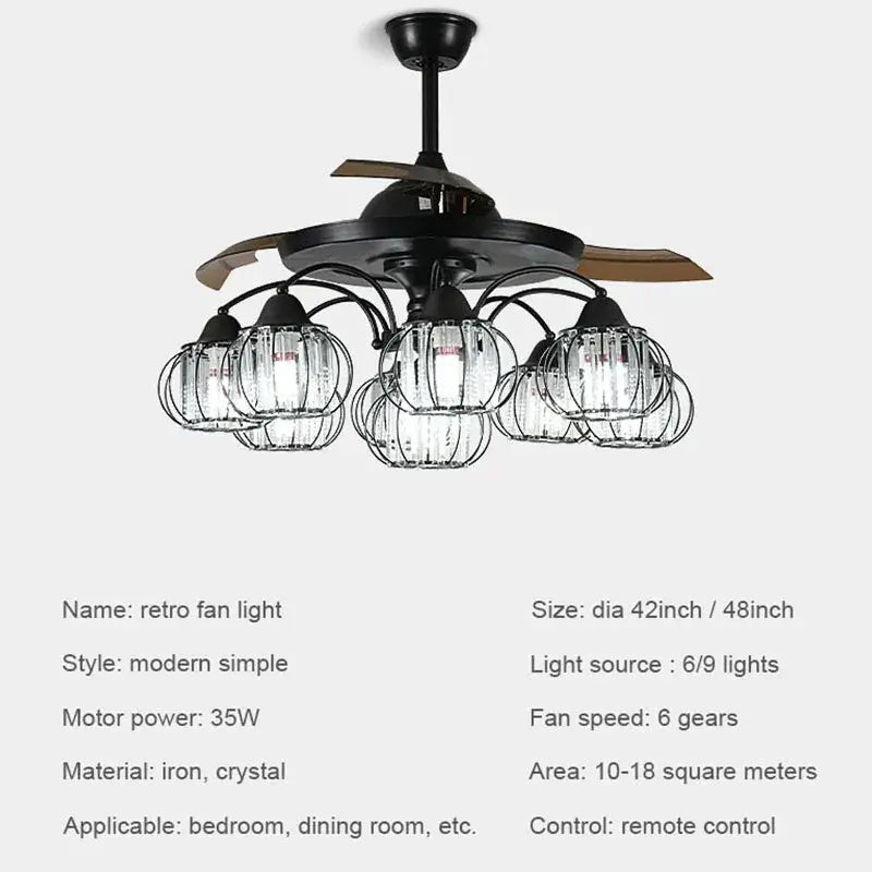 Industrial black crystal ceiling fan with five crystal cage pendant lights and wooden blades for living room decorbites black crystal