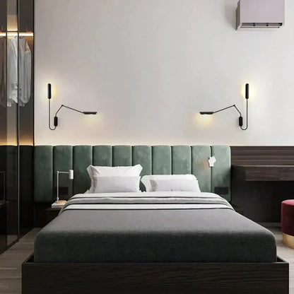 Green upholstered bed headboard with tufted panels and dark wood frame paired with emma industrial wall lamp bedroom reading light