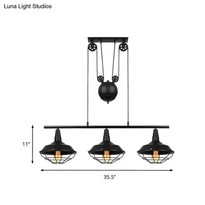 Black industrial farmhouse barn island pendant with three metallic cage shades and adjustable chain cord length pulley system