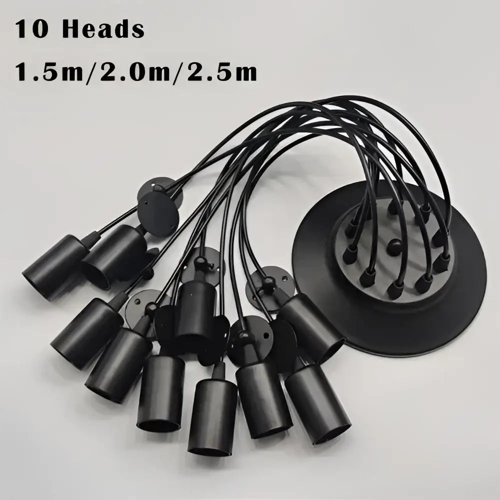 Industrial black finish pendant light with ten cylindrical light sources and a matte ceiling mount for dining room use