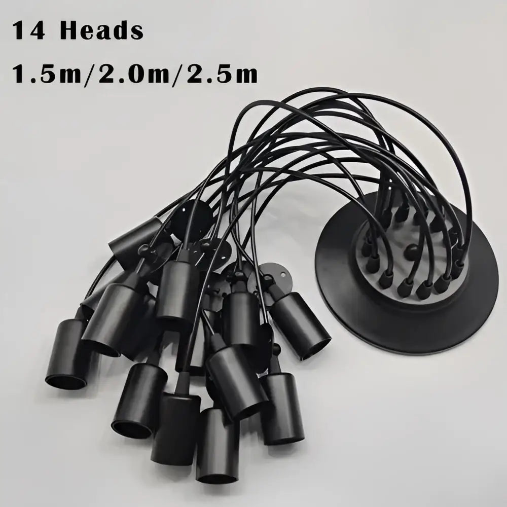 Industrial black finish 6 light pendant light with black matte cylindrical light sources and circular mounting base