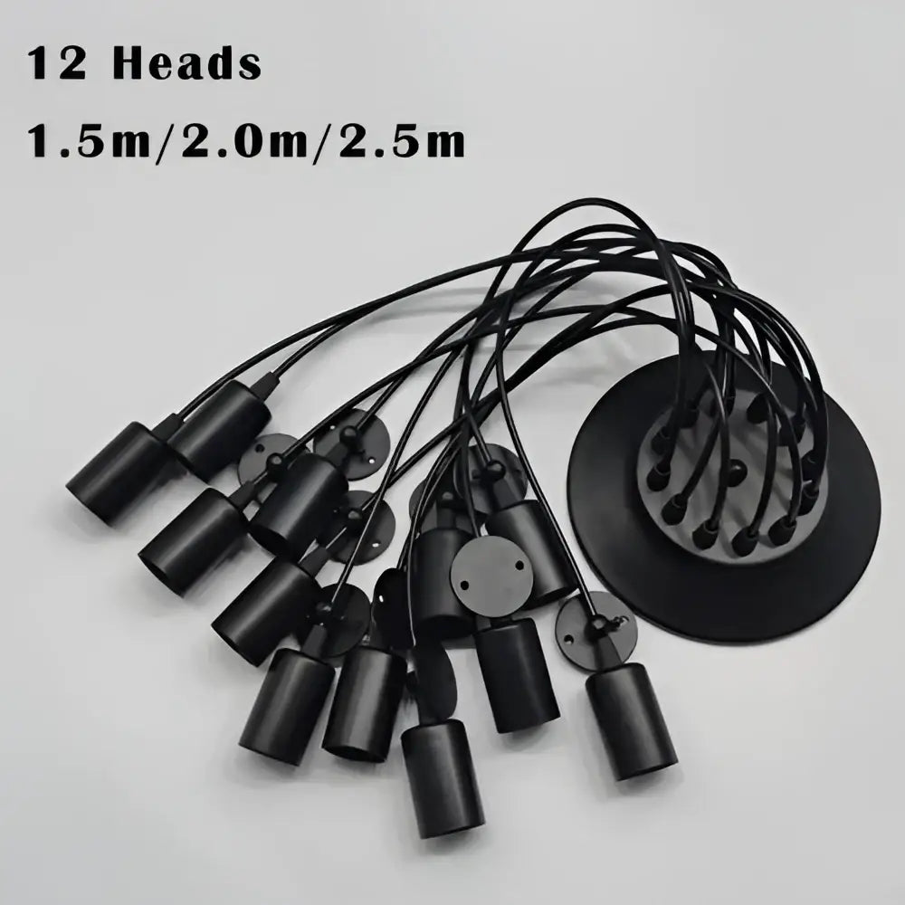 Industrial black finish pendant light with 12 black matte light sources and adjustable cable lengths