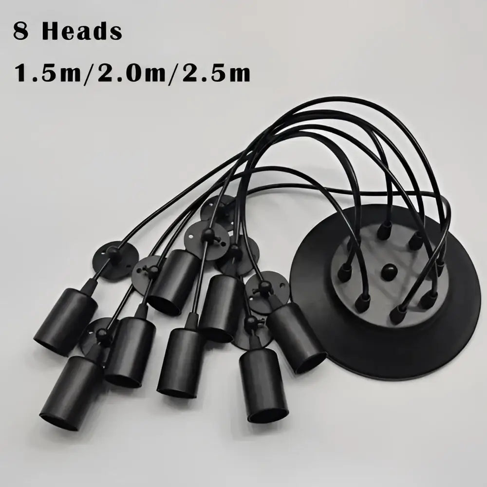 Industrial black finish pendant light with eight cylindrical light sources and a circular matte black mounting plate