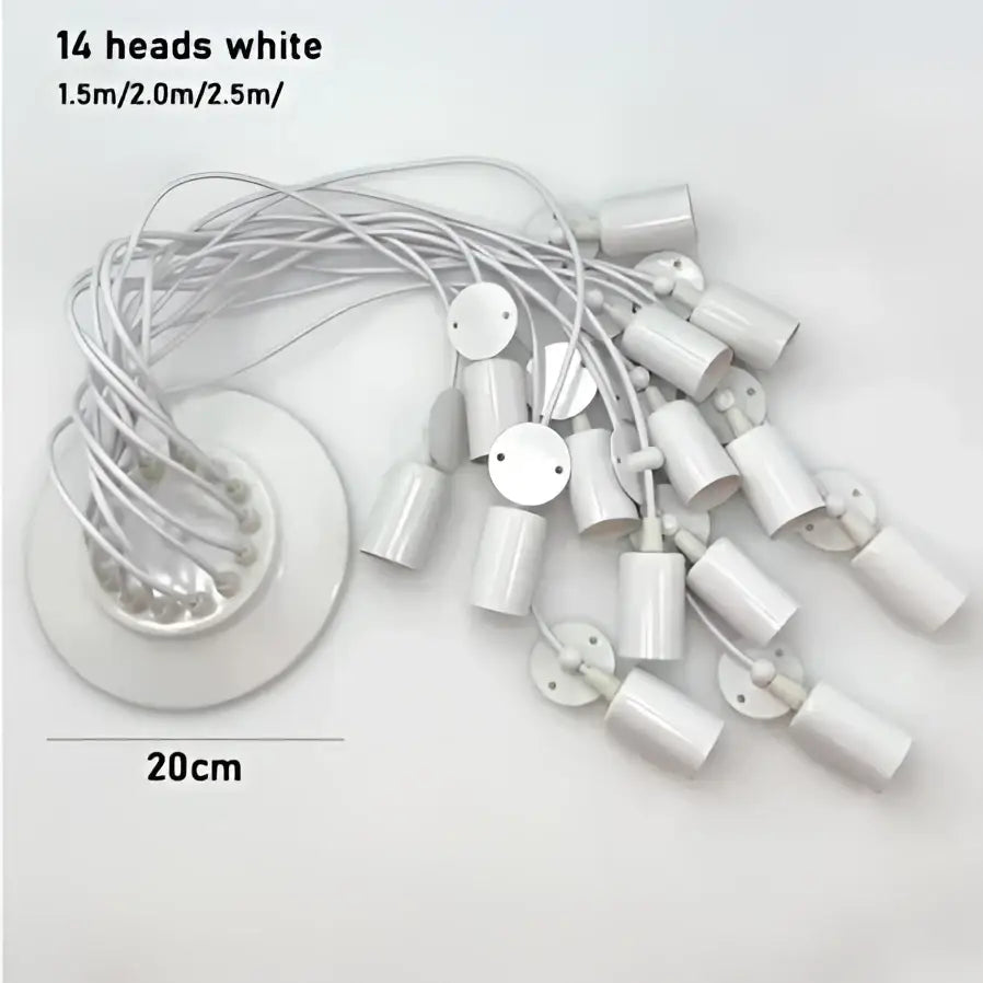White led pendant light fixture with 14 cylindrical heads and circular base in black finish for ceiling mounting