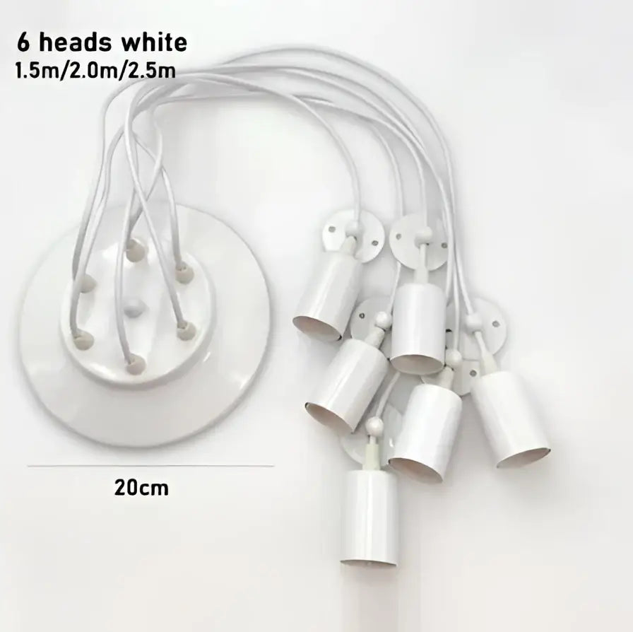 White plastic ceiling pendant light with six cylindrical lamp holders and circular base in black finish for dining room