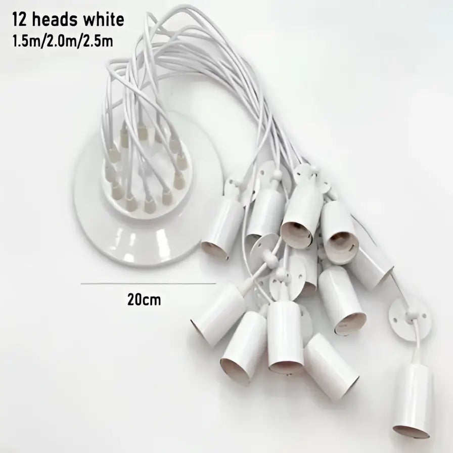 White ceramic pendant light with twelve cylindrical light sources and circular base for industrial black finish chandelier