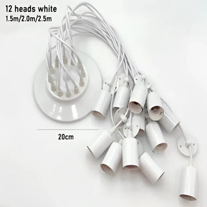 White ceramic pendant light with twelve cylindrical light sources and circular base for industrial black finish chandelier