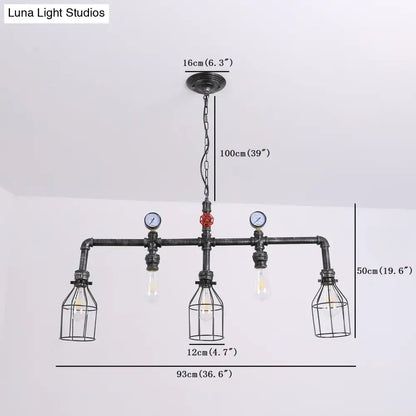 Industrial black gauge metal island lighting pipe chandelier with three exposed bulbs and decorative pressure gauges