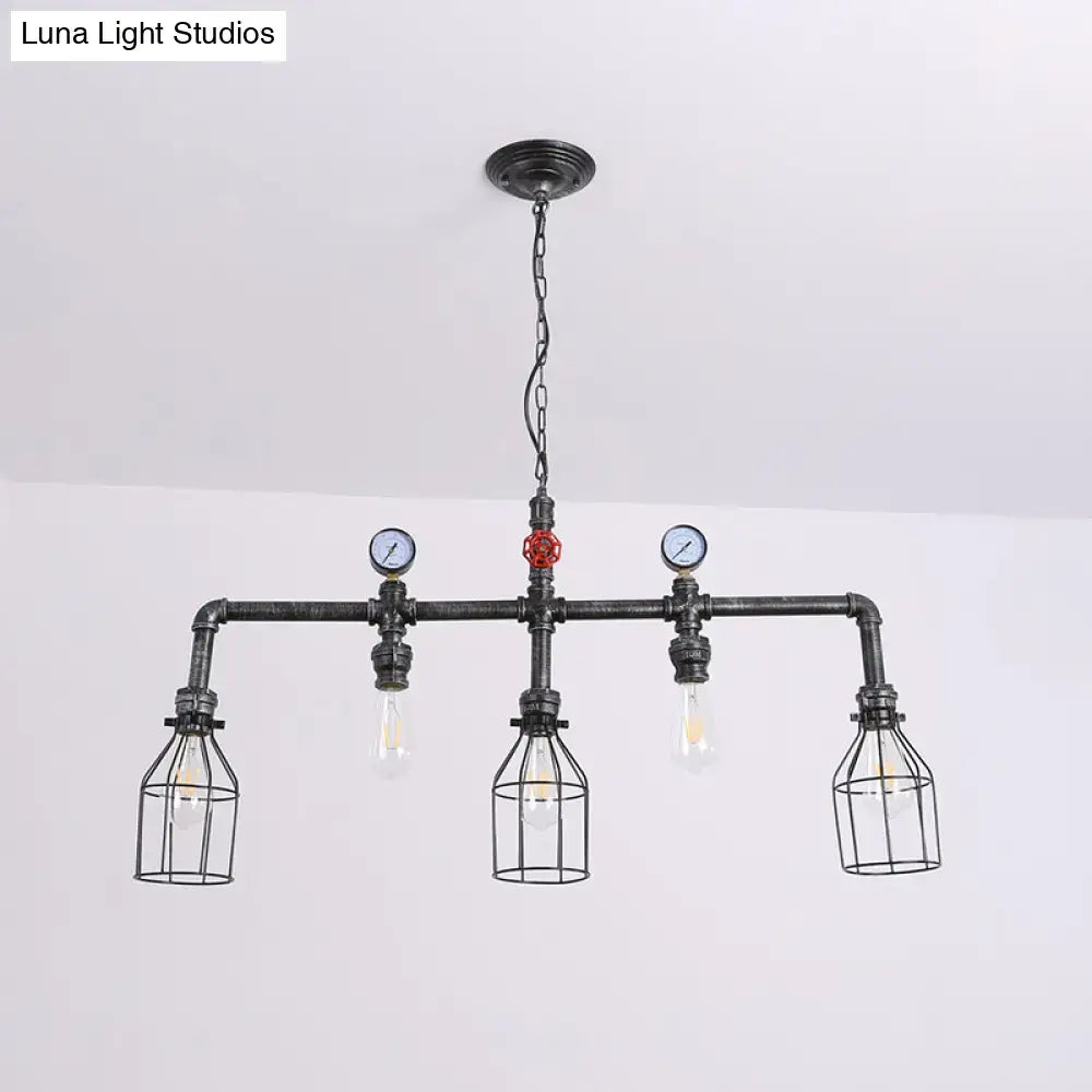 Industrial black gauge metal island lighting pipe chandelier with four cage bulbs and pressure gauges for kitchen use