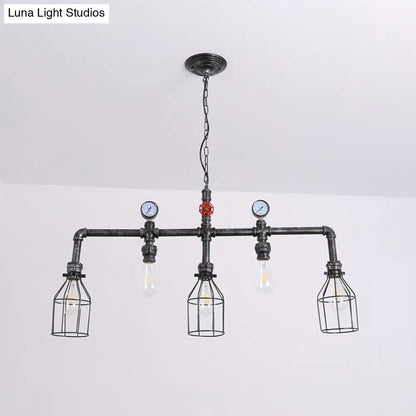 Industrial black gauge metal island lighting pipe chandelier with four cage bulbs and pressure gauges for kitchen use