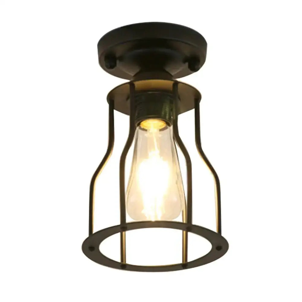 Industrial black geometric cage flush mount ceiling light with glowing filament bulb for decorbites industrial black decor
