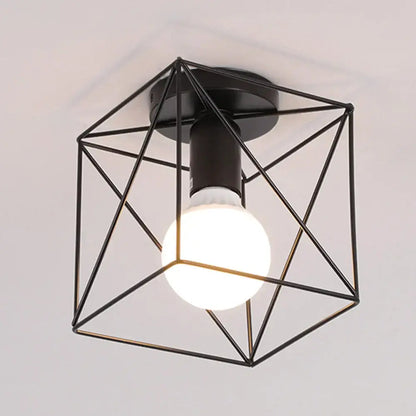 Industrial black geometric cage flush mount ceiling light with glowing bulb for bedroom decorbites industrial black design