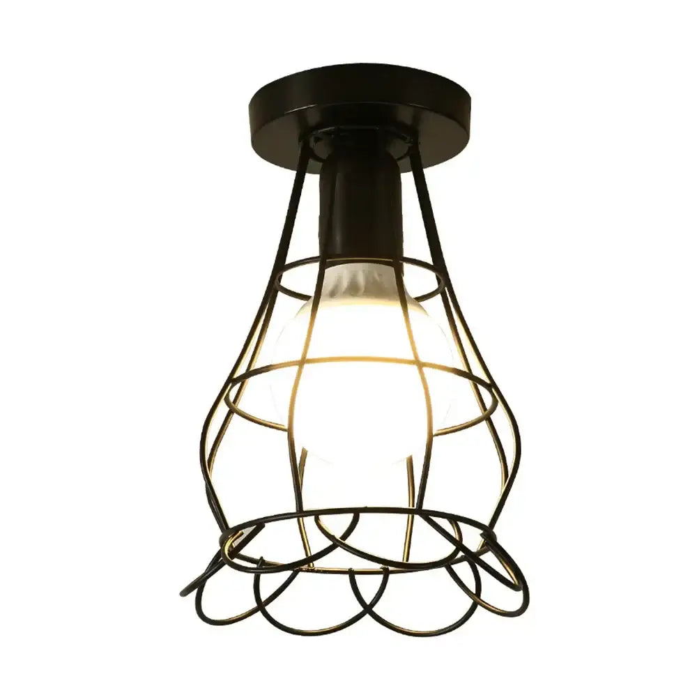 Industrial black geometric cage flush mount ceiling light with warm glowing bulb for bedroom decorbites industrial black