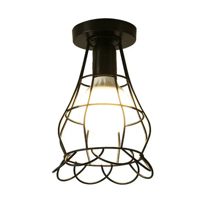 Industrial black geometric cage flush mount ceiling light with warm glowing bulb for bedroom decorbites industrial black