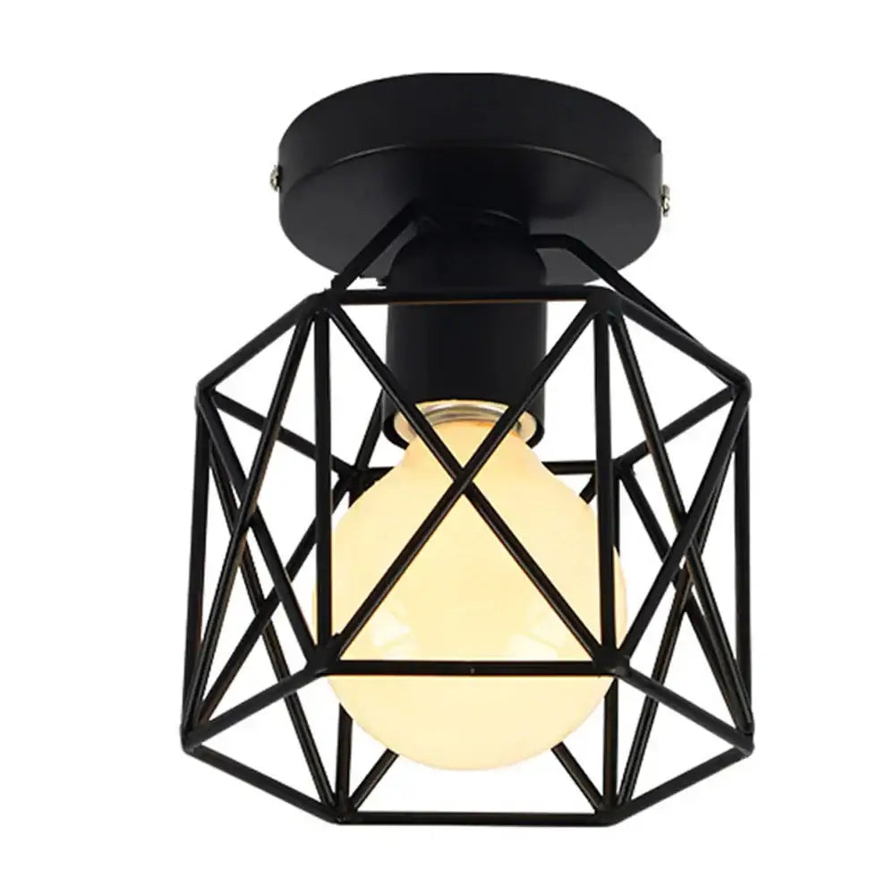 Industrial black geometric cage flush mount ceiling light with warm-toned bulb for bedroom decorbites industrial black style