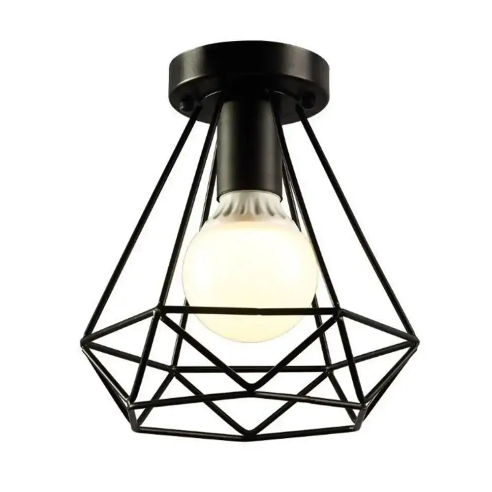 Industrial black geometric cage flush mount ceiling light with warm glowing bulb ideal for bedroom decorbites industrial black