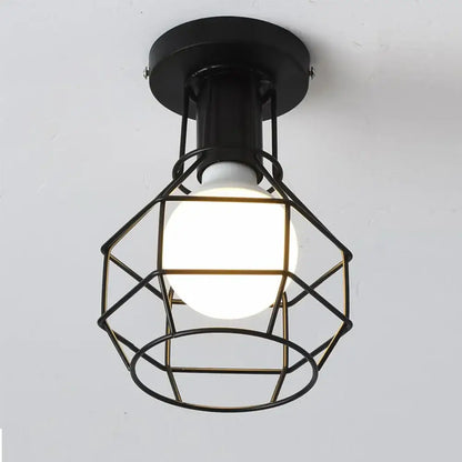 Industrial black geometric cage flush mount ceiling light with a glowing white bulb, decorbites industrial black style ceiling light