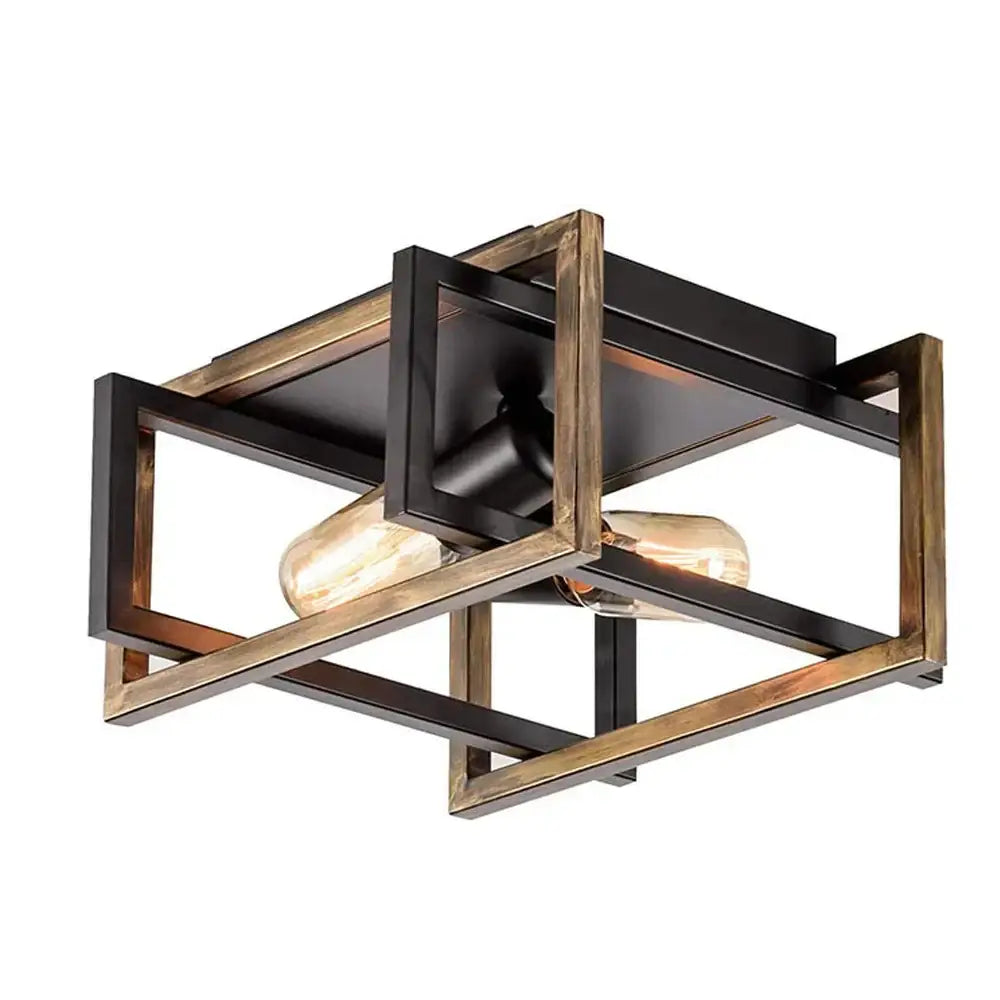 Industrial black geometric ceiling light fixture with dark matte metal and rustic wood housing two Edison bulbs for kitchens