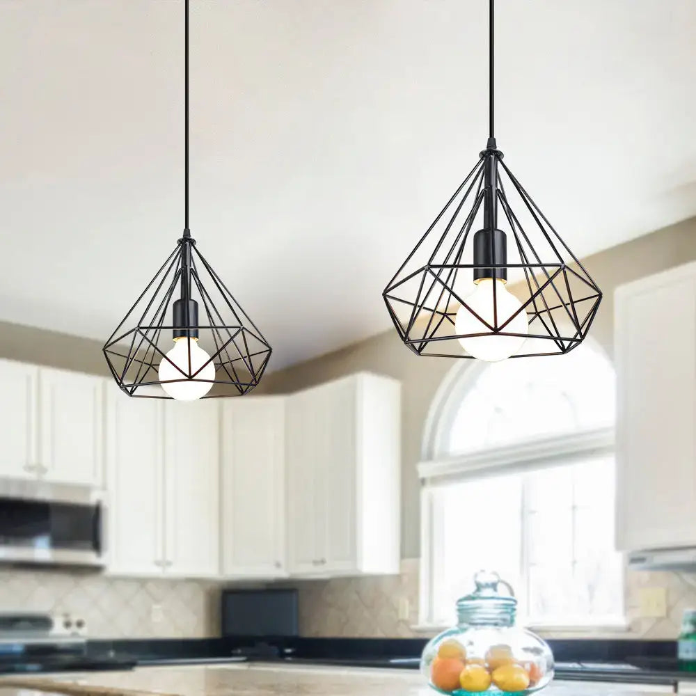 Industrial black geometric wireframe pendant light with exposed bulbs for dining room decorbites industrial led pendant