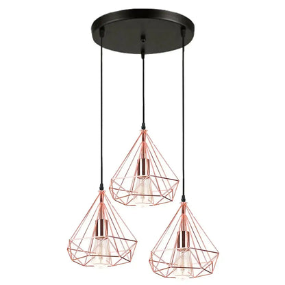 Rose gold geometric wire pendant light fixture with three diamond-shaped shades for industrial led pendant decorbites