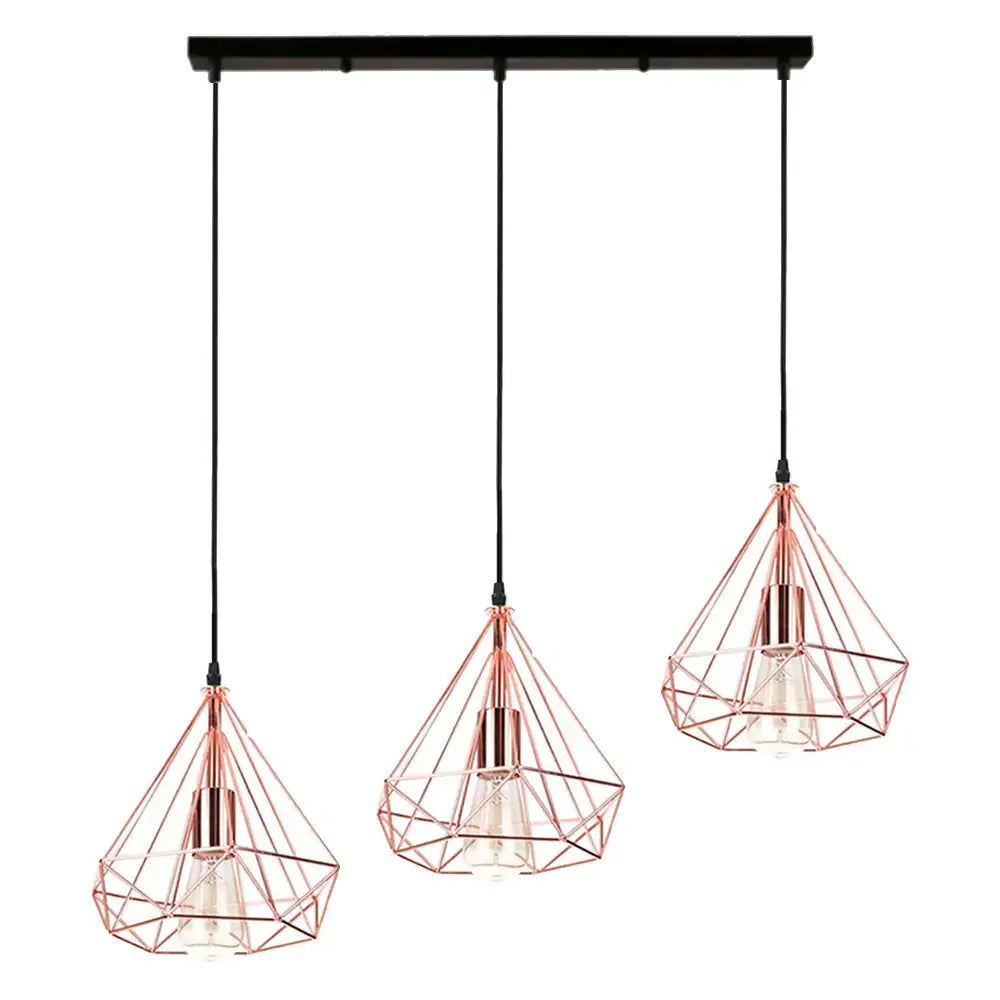 Rose gold geometric wire pendant light with black cords and bar for dining room decorbites industrial led pendant