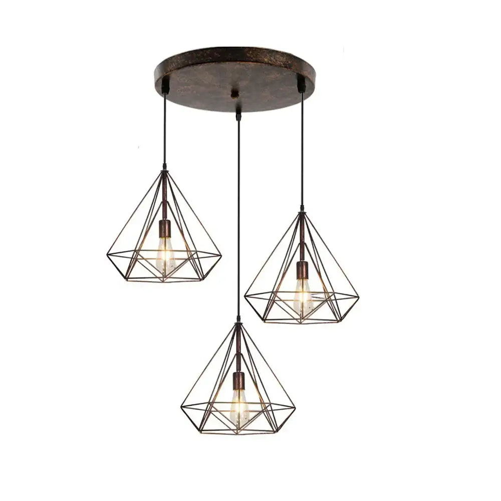 Industrial black geometric wireframe pendant light with three dark bronze led shades for dining room decorbites industrial led