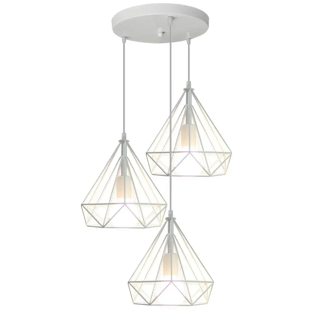 White geometric pendant light fixture with three diamond-shaped glass shades for industrial led pendant decorbites lighting