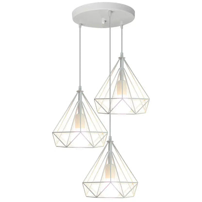 White geometric pendant light fixture with three diamond-shaped glass shades for industrial led pendant decorbites lighting