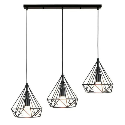 Black geometric wire pendant light with three diamond-shaped shades for dining room decorbites industrial led pendant