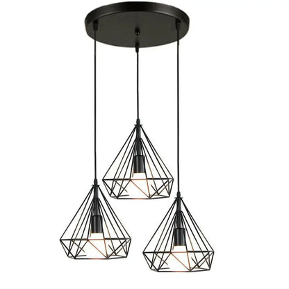 Industrial black geometric wireframe pendant light with three diamond-shaped shades for dining room decorbites industrial LED