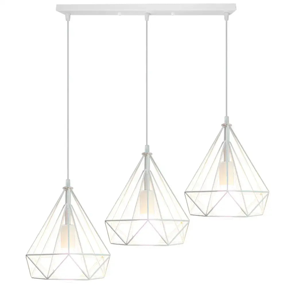 White geometric pendant light with three diamond-shaped metal and glass shades for decorbites industrial led pendant
