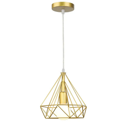 Gold-colored geometric pendant light with diamond metal frame and white cord for decorbites industrial led pendant use