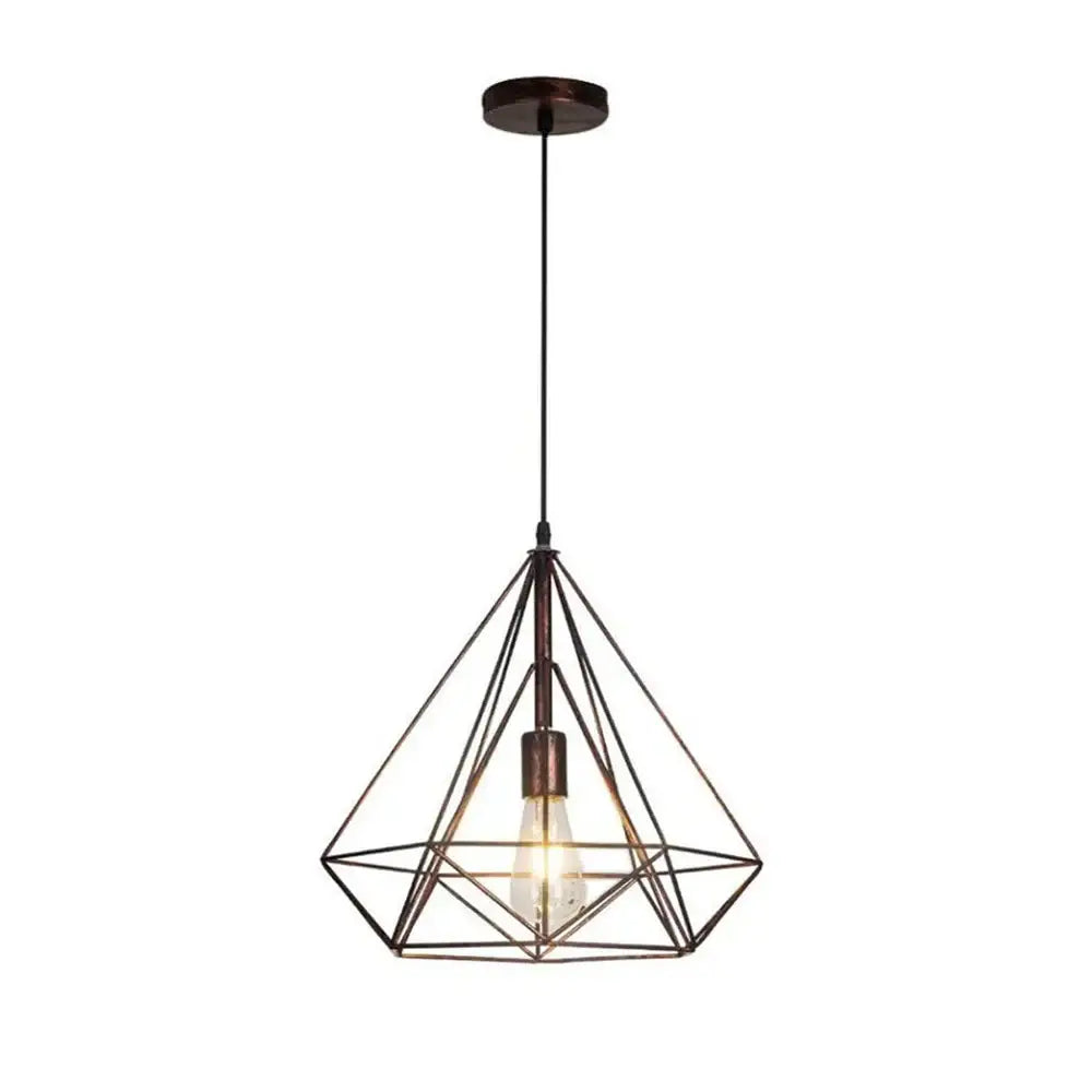 Bronze-finished industrial led pendant light with black geometric diamond wireframe and exposed bulb for dining room decorbites industrial led