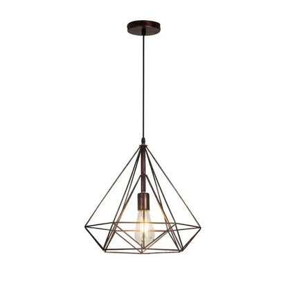 Bronze-finished industrial led pendant light with black geometric diamond wireframe and exposed bulb for dining room decorbites industrial led
