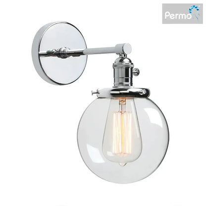 Chrome-finished industrial glass canopy wall sconce with black glass canopy and exposed filament bulb for kitchen decorbites industrial glass