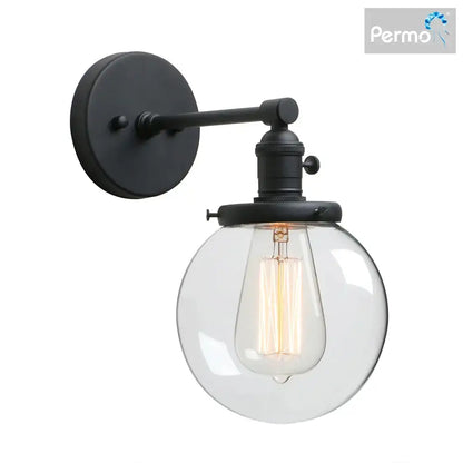 Black metal glass canopy wall sconce with clear glass globe and exposed filament bulb for industrial decorbites industrial glass