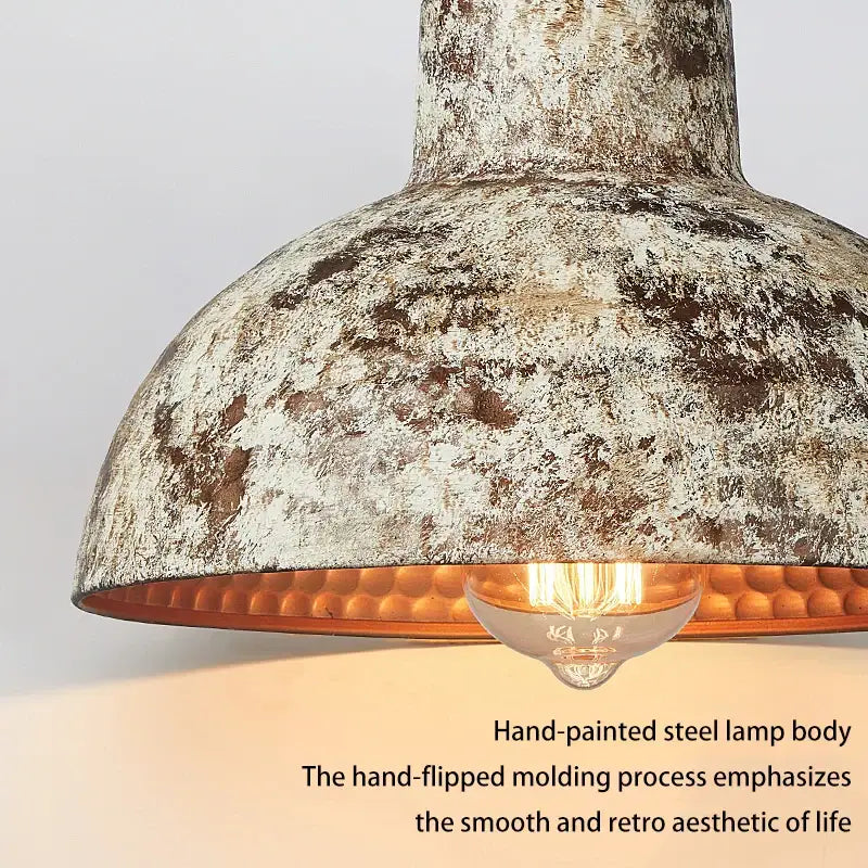 Rustic distressed white and bronze hand-painted steel pendant lamp with copper hammered interior rim for industry style decorbites pendant lamp