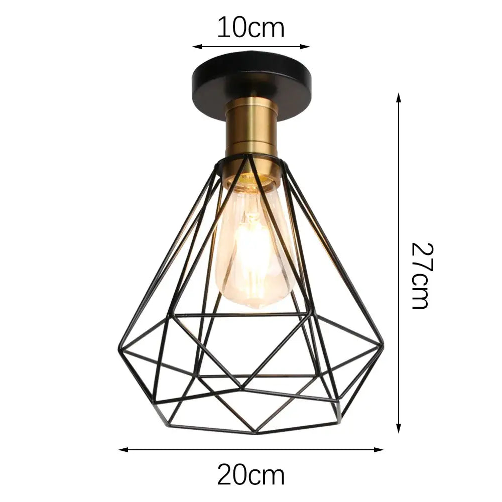 Industrial black iron aisle ceiling lamp with geometric wire cage, brass accents, and exposed edison bulb decorbites iron aisle