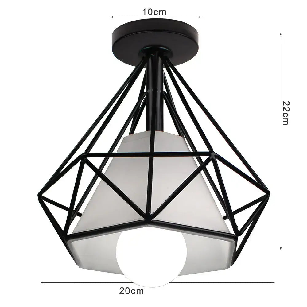 Black geometric metal cage ceiling light with frosted white glass shade by decorbites iron aisle ceiling lamp