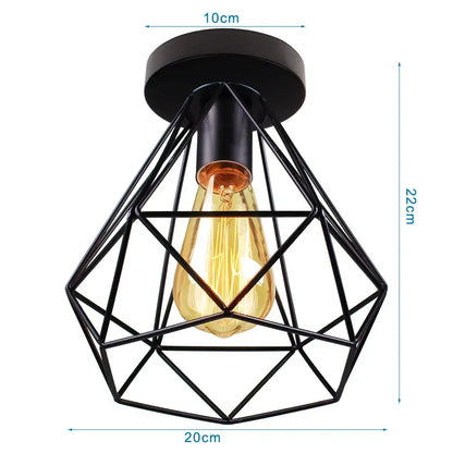 Industrial black iron aisle ceiling lamp with geometric metal cage and warm amber filament bulb by decorbites iron aisle