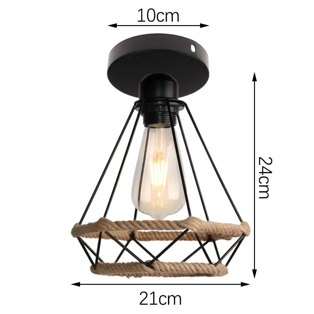 Black metal cage pendant light with natural rope accents and exposed edison bulb decorbites iron aisle ceiling lamp