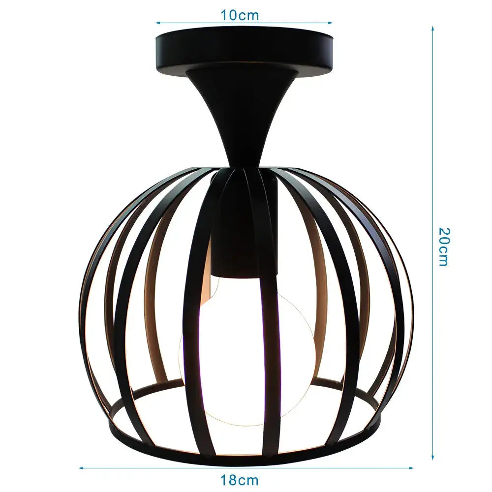 Industrial black iron aisle ceiling lamp with spherical iron cage design featuring vertical bars by decorbites iron aisle