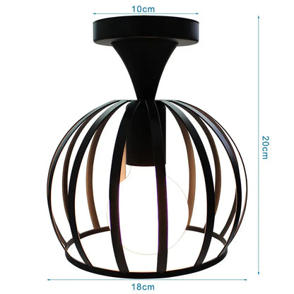 Industrial black iron aisle ceiling lamp with spherical iron cage design featuring vertical bars by decorbites iron aisle
