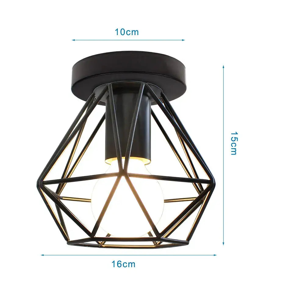 Industrial black iron aisle ceiling lamp with black metal geometric cage and warm glow by decorbites iron aisle