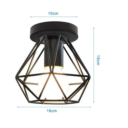 Industrial black iron aisle ceiling lamp with black metal geometric cage and warm glow by decorbites iron aisle