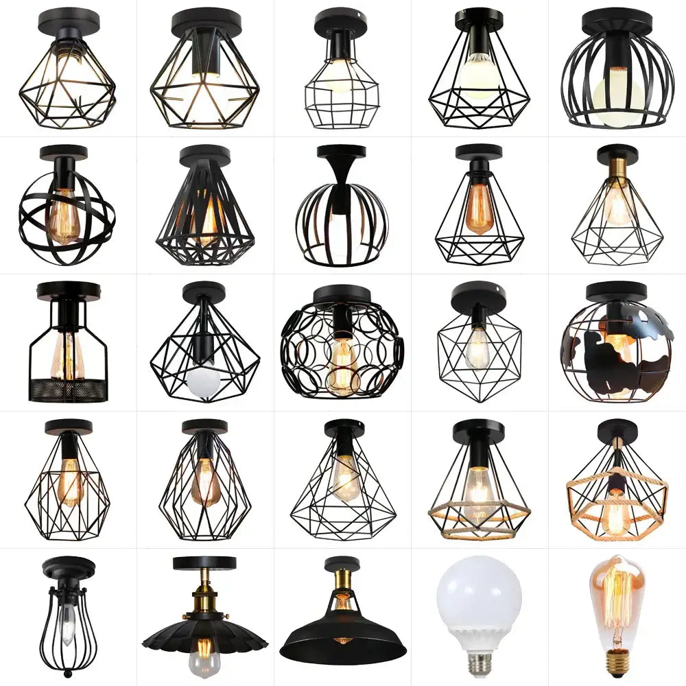 Industrial black iron aisle ceiling lamp with cage style design and exposed filament bulbs by decorbites iron aisle