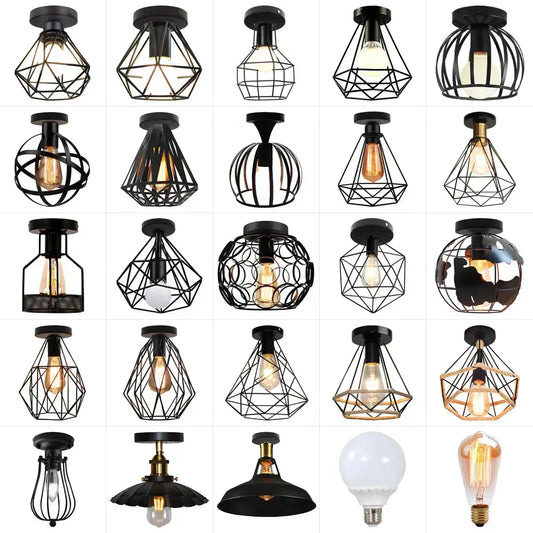 Industrial black iron aisle ceiling lamp with cage style design and exposed filament bulbs by decorbites iron aisle