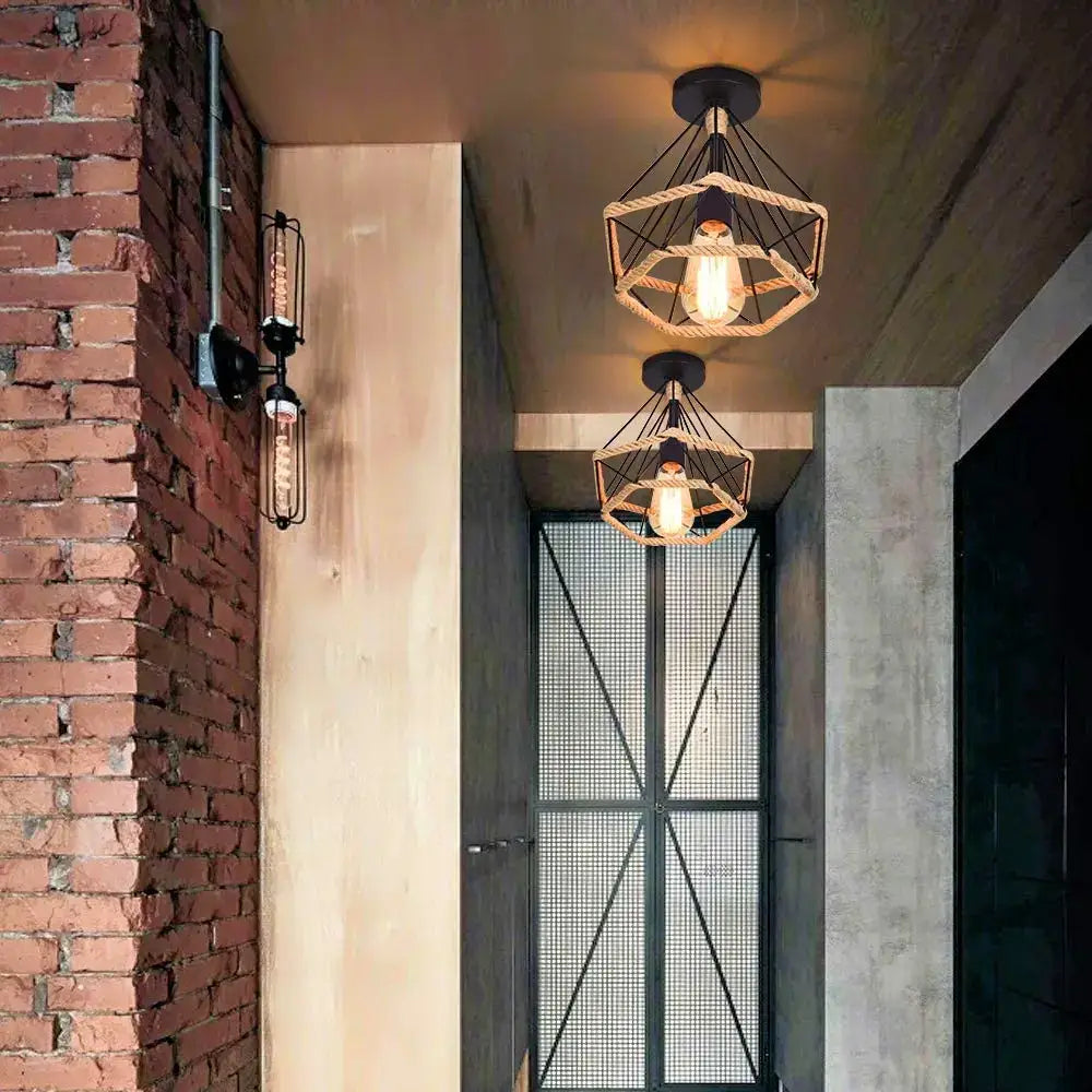 Industrial black iron aisle ceiling lamp with woven rope accents and exposed edison bulbs by decorbites iron aisle