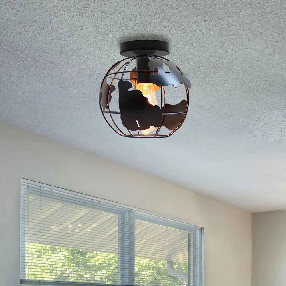 Industrial black iron aisle ceiling lamp featuring a metal globe with wire cage and cut out world map from decorbites iron aisle